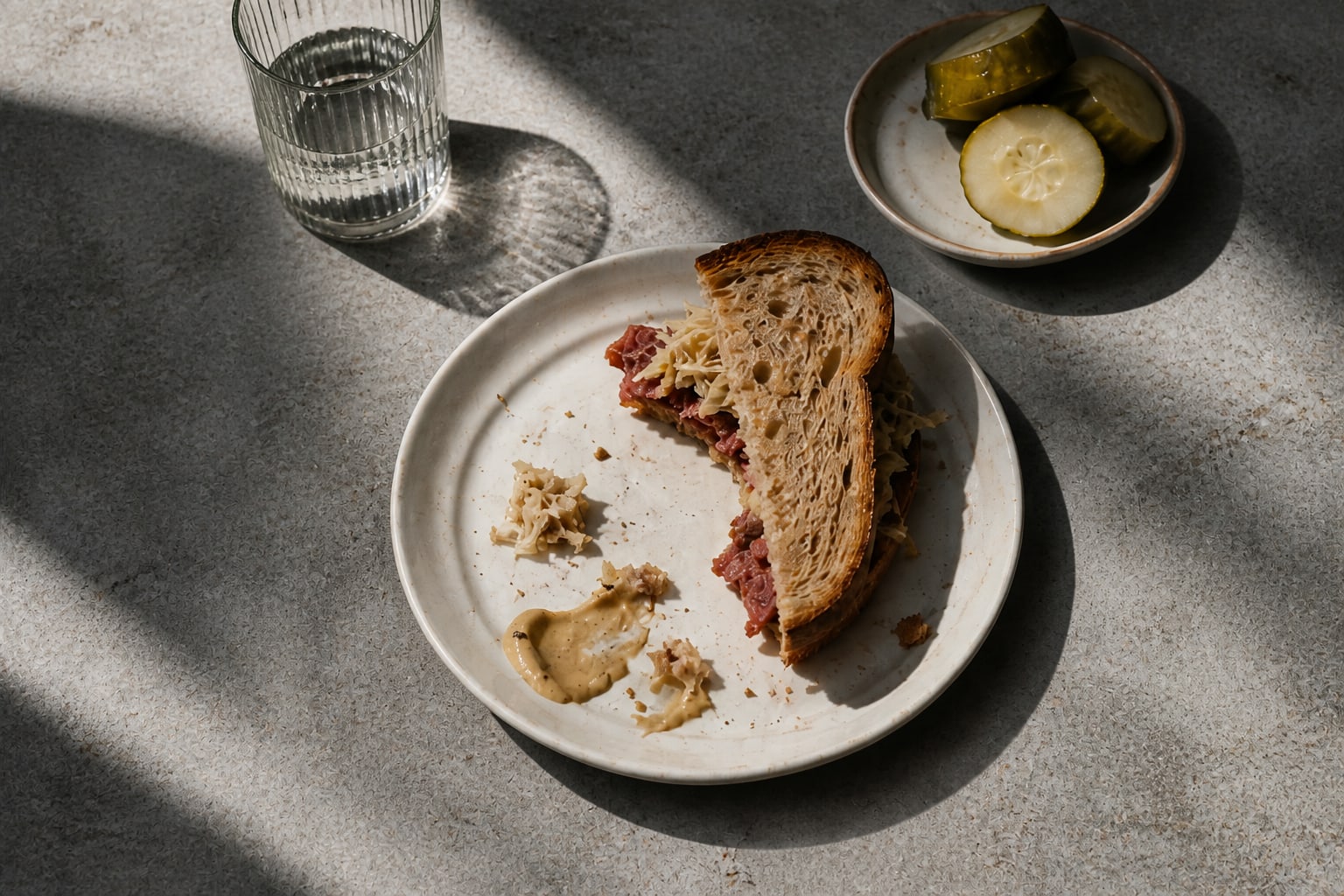 A half-eaten sandwich, pickles, and water beneath hard noon light