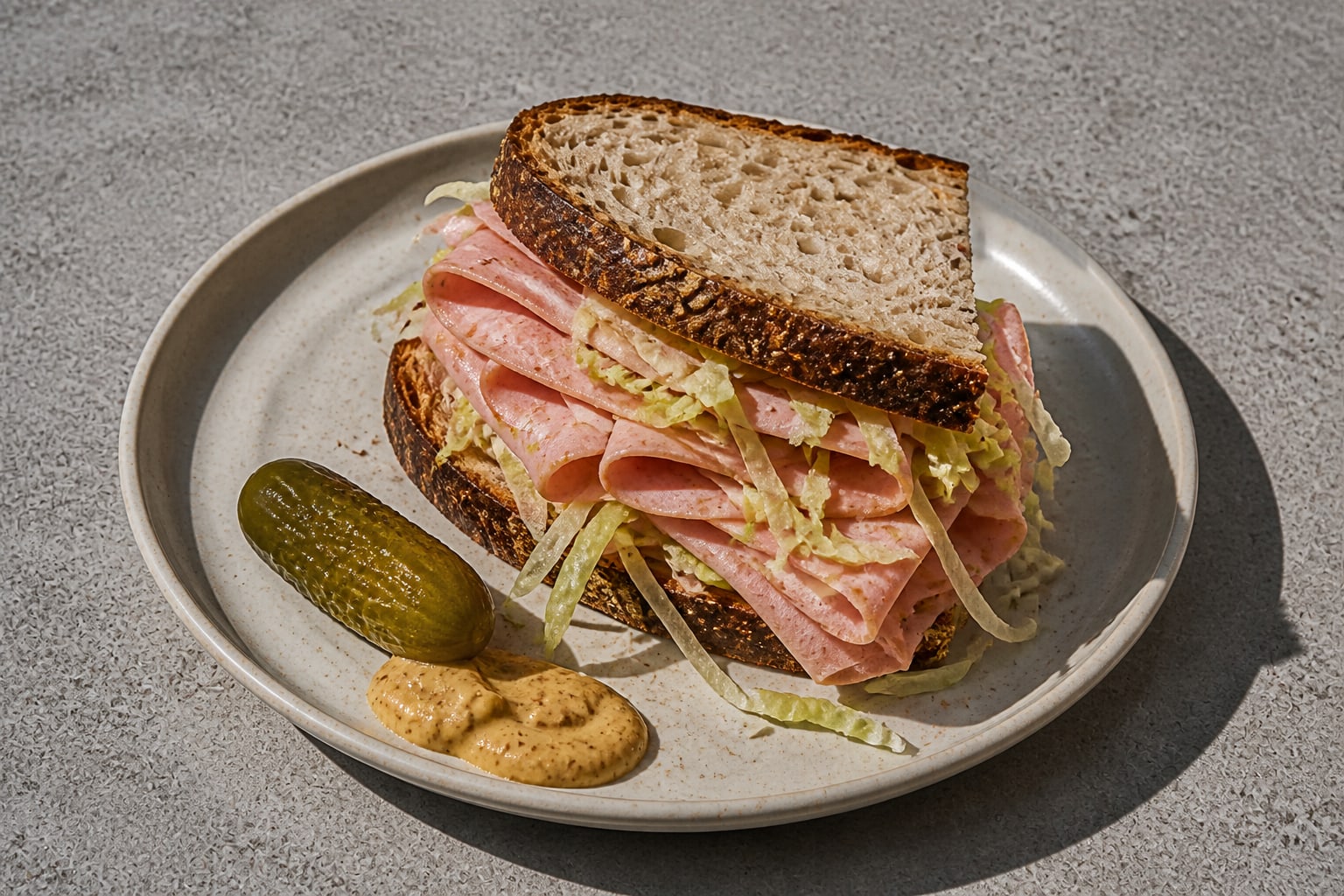 A mortadella sandwich on a ceramic plate