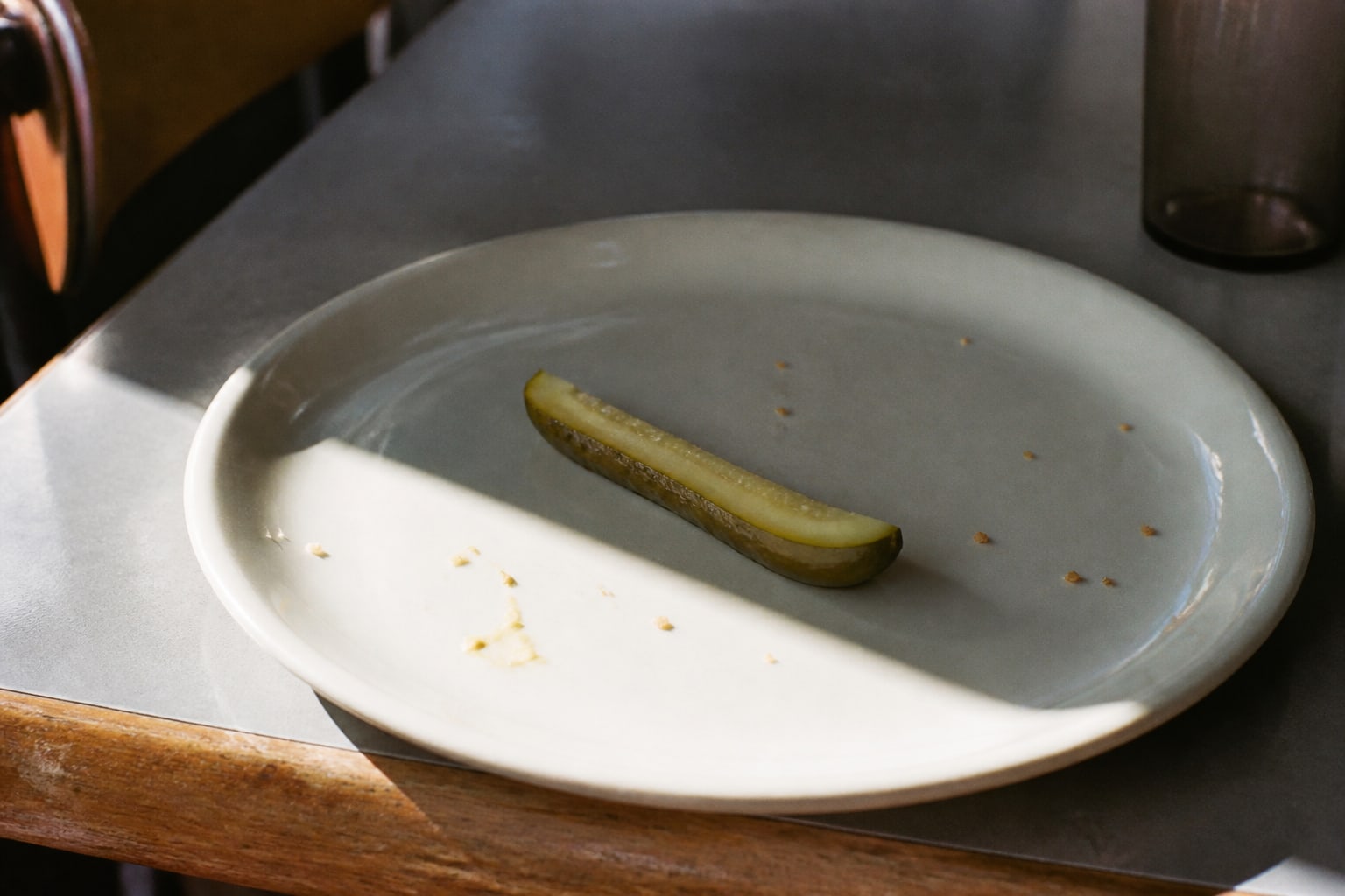 A single pickle spear left on a crumb-scattered ceramic plate