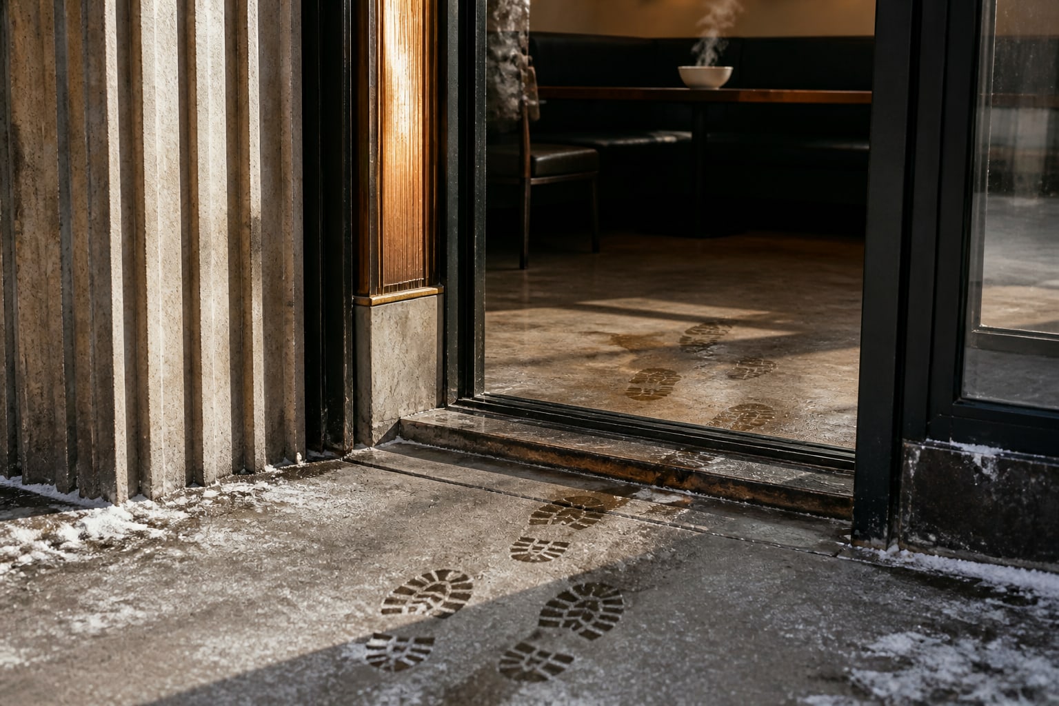 Salt-streaked boot prints crossing the concrete entrance at Herzog Eats