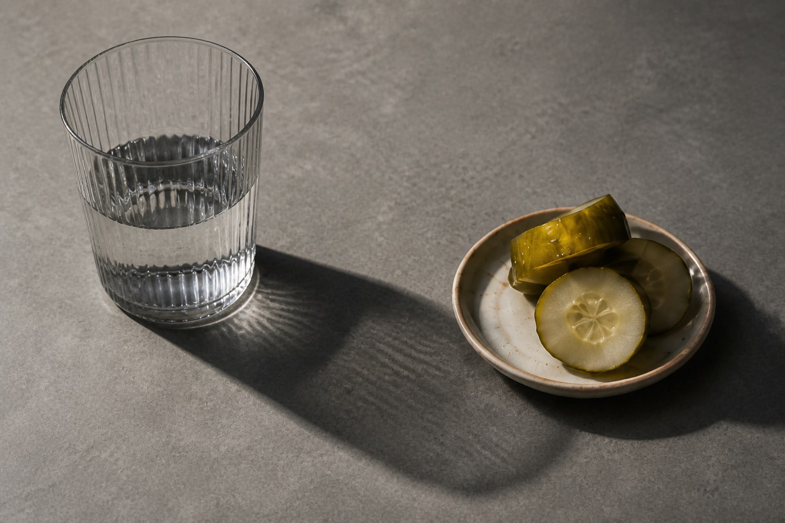 A water glass and pickles in the noon light