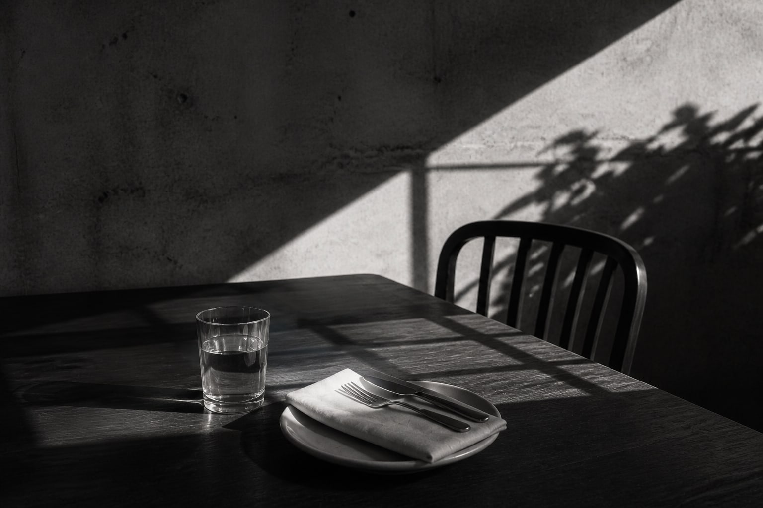 An empty restaurant table crossed by a hard noon shadow
