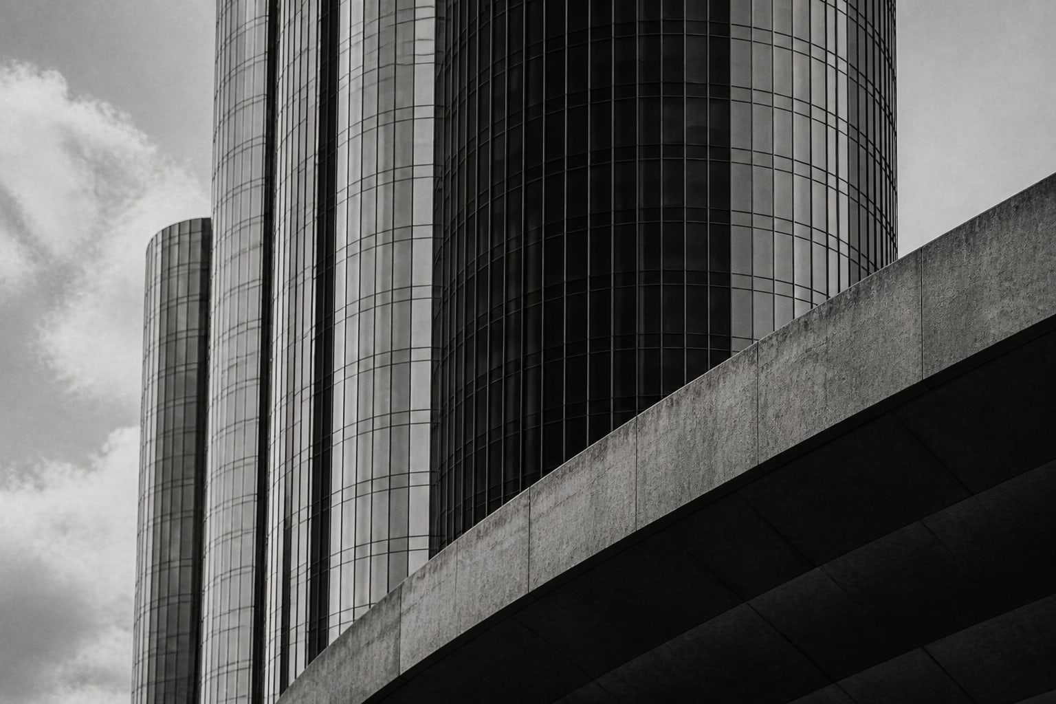 The Renaissance Center towers above a concrete base
