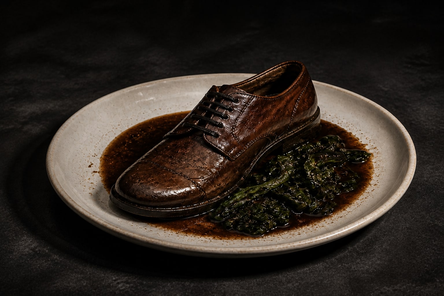 A braised leather shoe plated with bitter greens